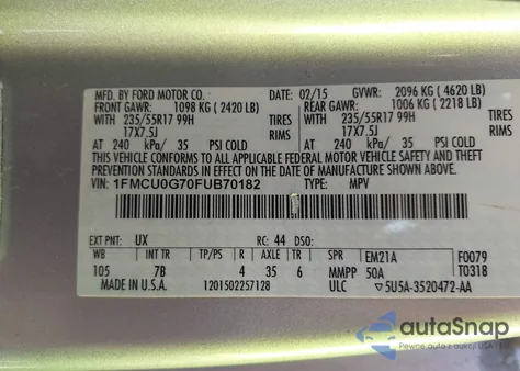 2015 Ford Escape Se из США, поврежденный, VIN 1FMCU0G70FUB70182